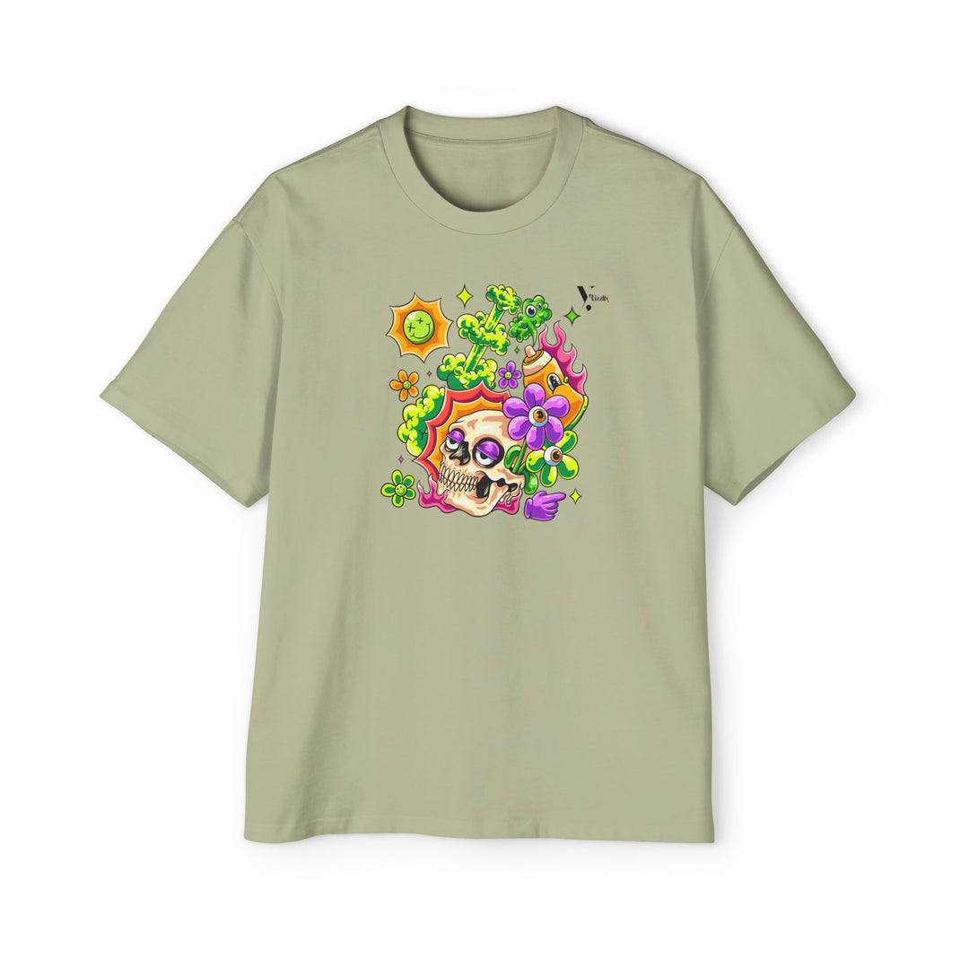 Men's Heavy Oversized Tee - Skull & Floral Design T-Shirt - Rizzlly