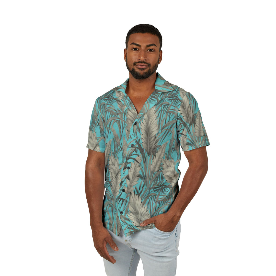 Men’s Aqua & Beige Tropical Leaf Hawaiian Camp Shirt | Solenriz - Rizzlly