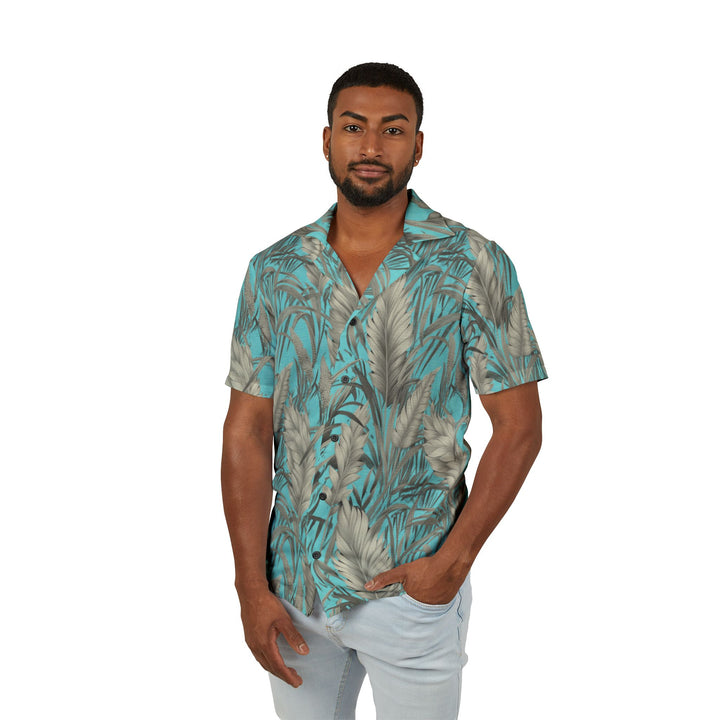 Men’s Aqua & Beige Tropical Leaf Hawaiian Camp Shirt | Solenriz - Rizzlly