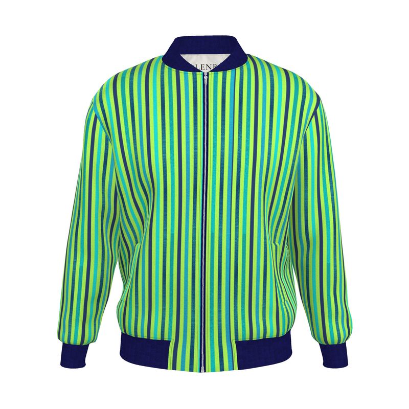 Vivid Green Blue Striped Bomber Jacket