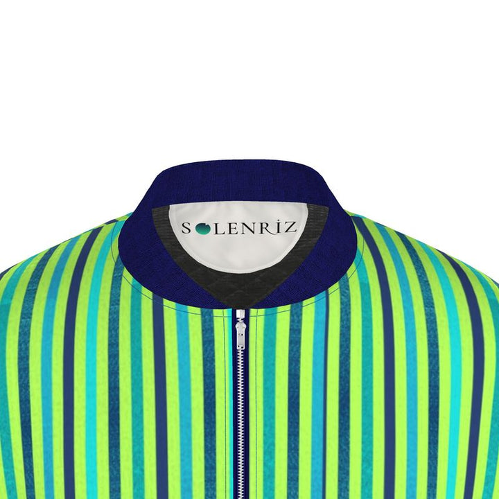 Vivid Green Blue Striped Bomber Jacket