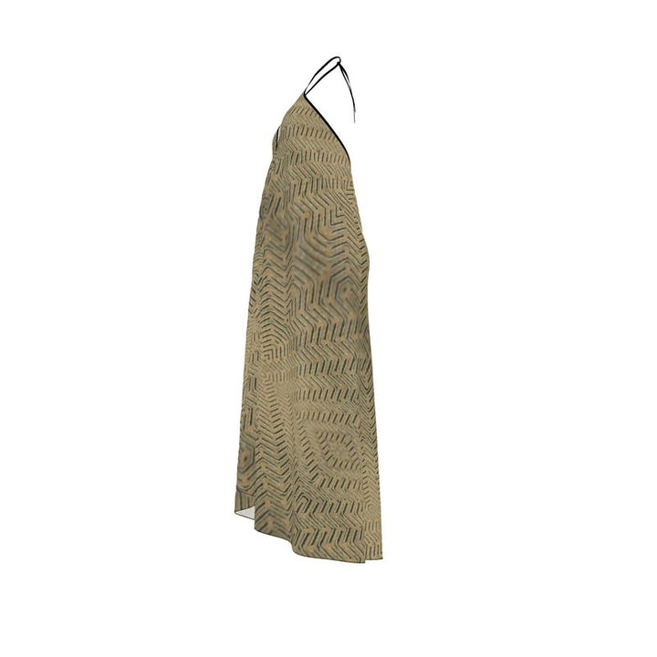 Linear Chic Sand Halterneck Backless Dress | Solenriz - Rizzlly