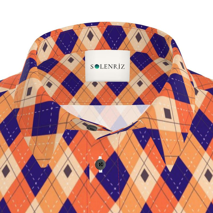 Men’s Orange & Navy Argyle Short-Sleeve Shirt | Solenriz - Rizzlly