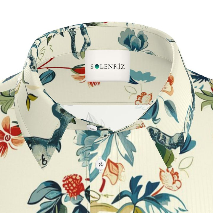 Men’s Ivory Botanical Floral Short-Sleeve Shirt | Solenriz - Rizzlly