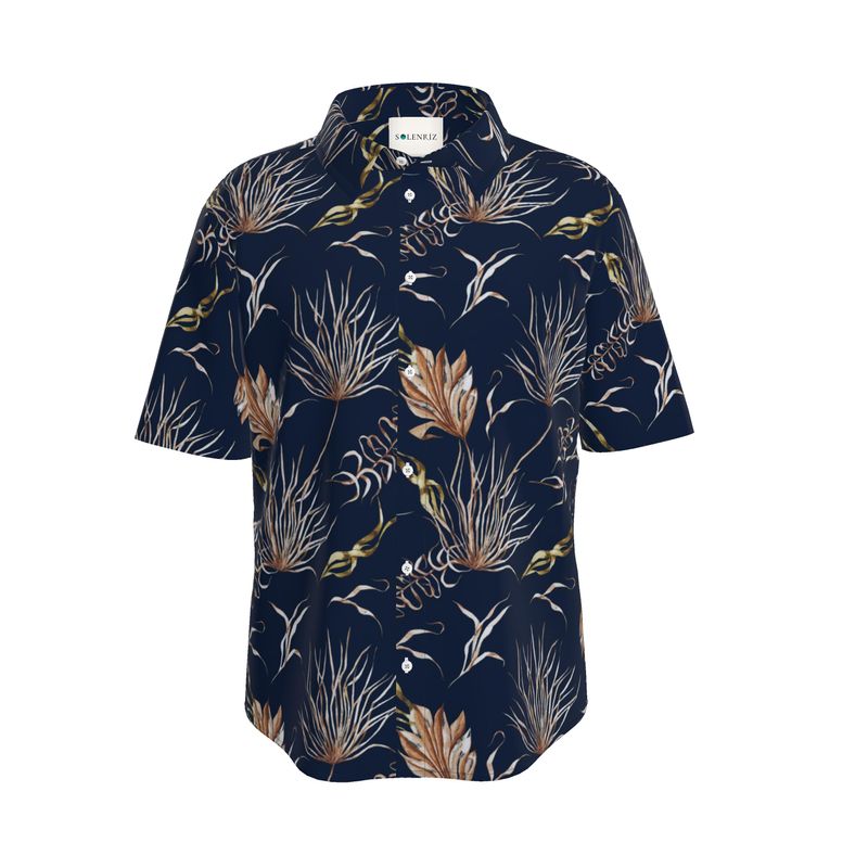 Men’s Navy & Gold Botanical Short-Sleeve Shirt | Solenriz - Rizzlly