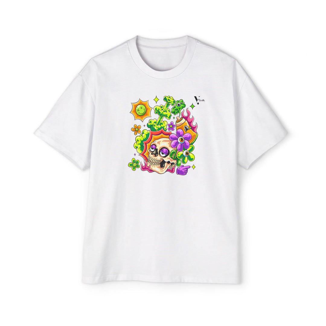 Men's Heavy Oversized Tee - Skull & Floral Design T-Shirt - Rizzlly